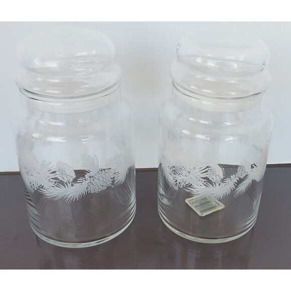VTG Libbey FROSTED WINTER Pinecones Pine Christmas CANISTER Cookie Candy Jar Set - Picture 4 of 10